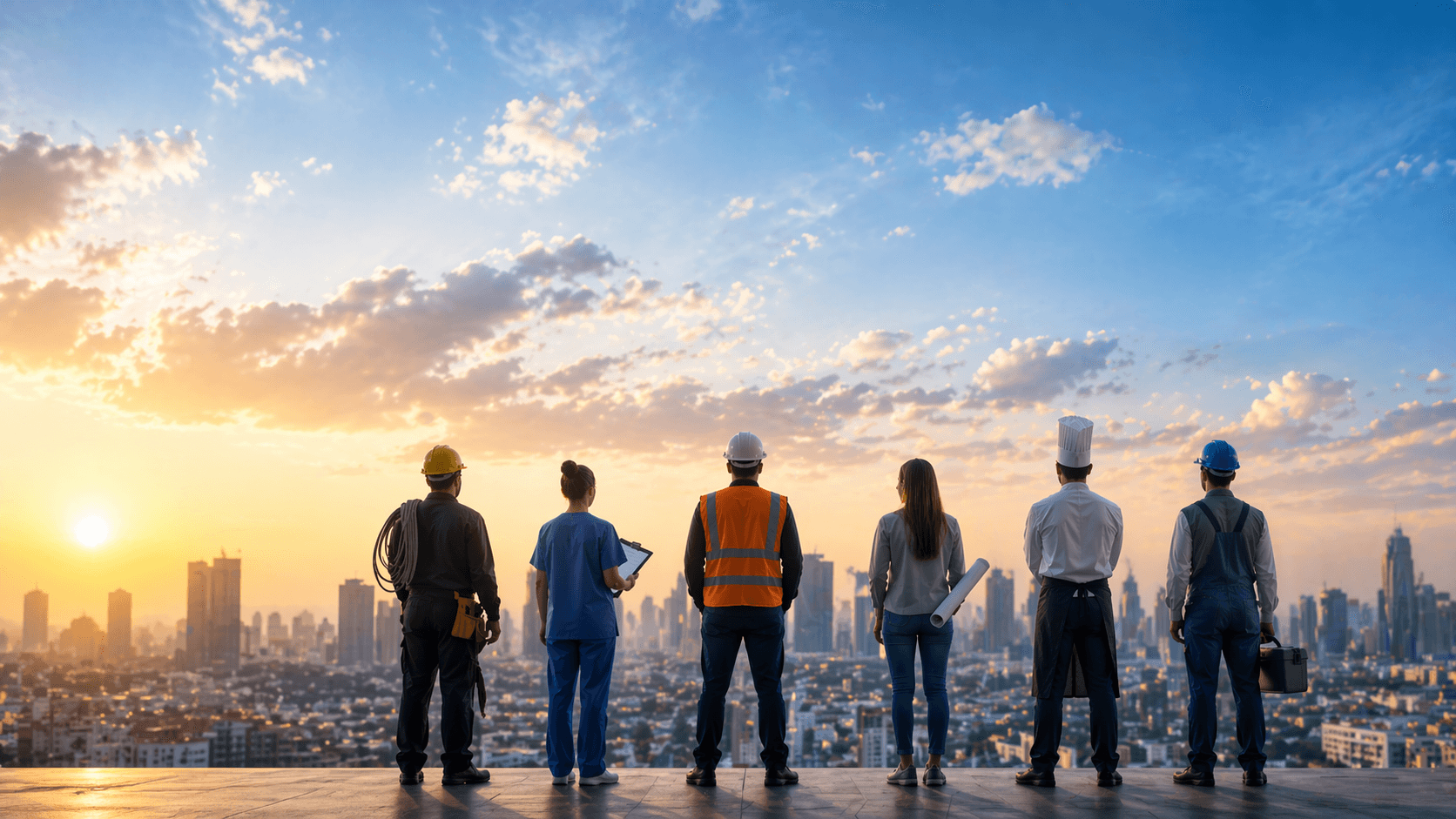 Diverse workers overlooking city
